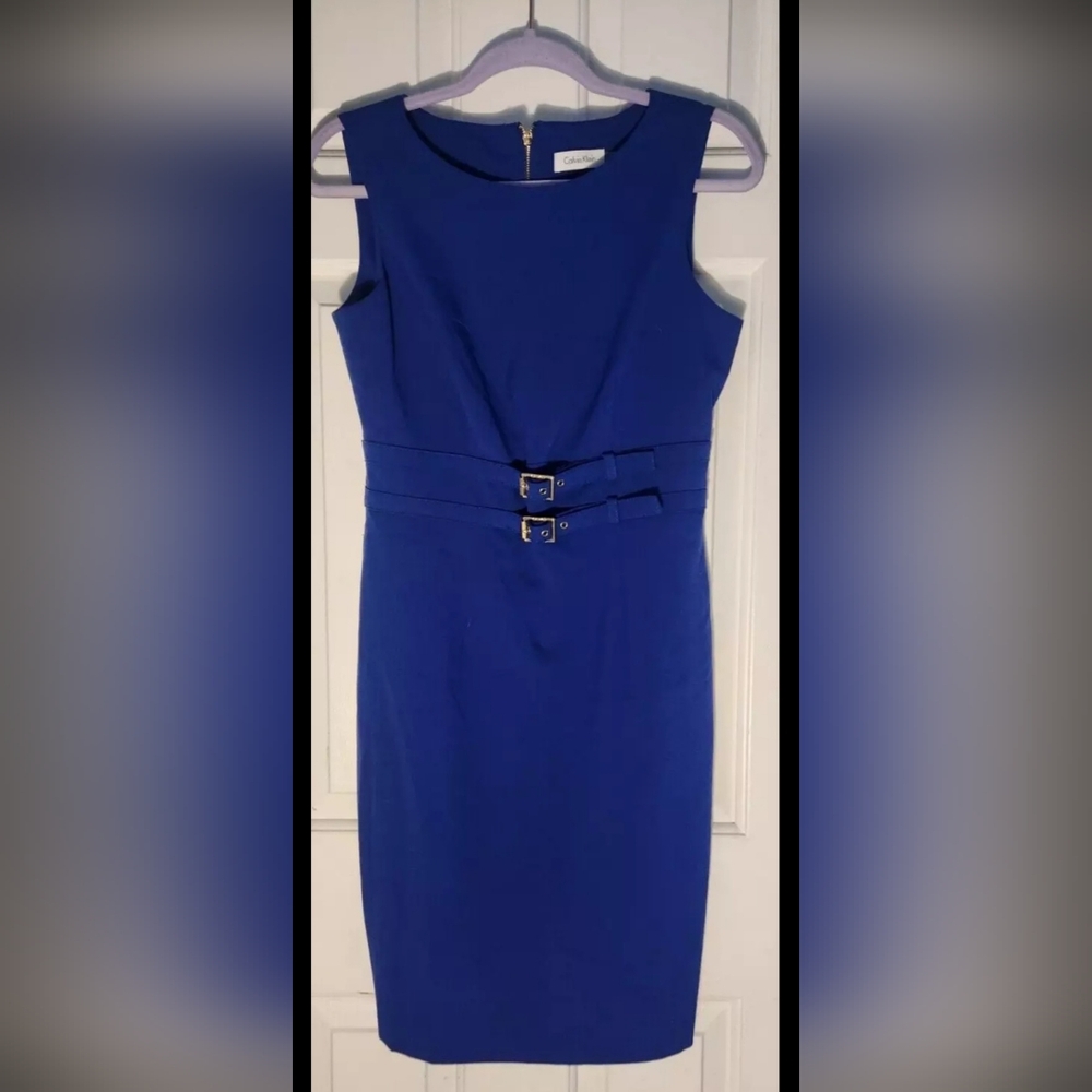 Elegant Blue Sleeveless Calvin Klein Belted Dress